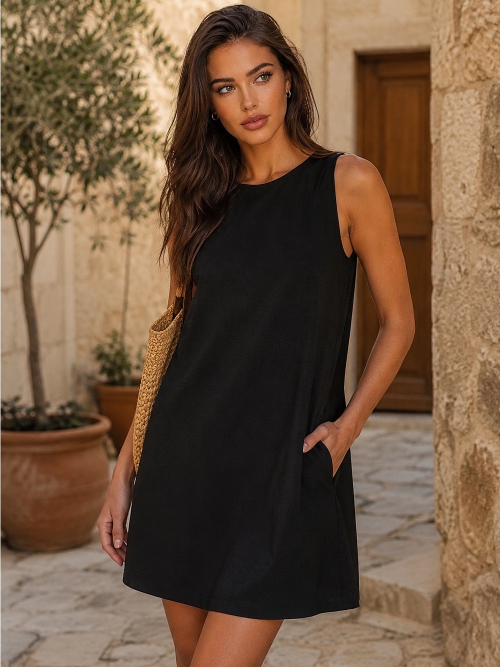 Linen Blend Sleeveless Swing Mini Dress | Black